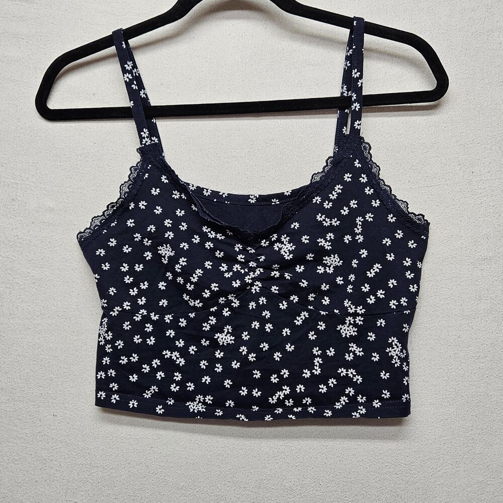 Shein Crop Tank Top Womens Medium Blue Floral Ditsy Daisy Print Lace Trim Cute